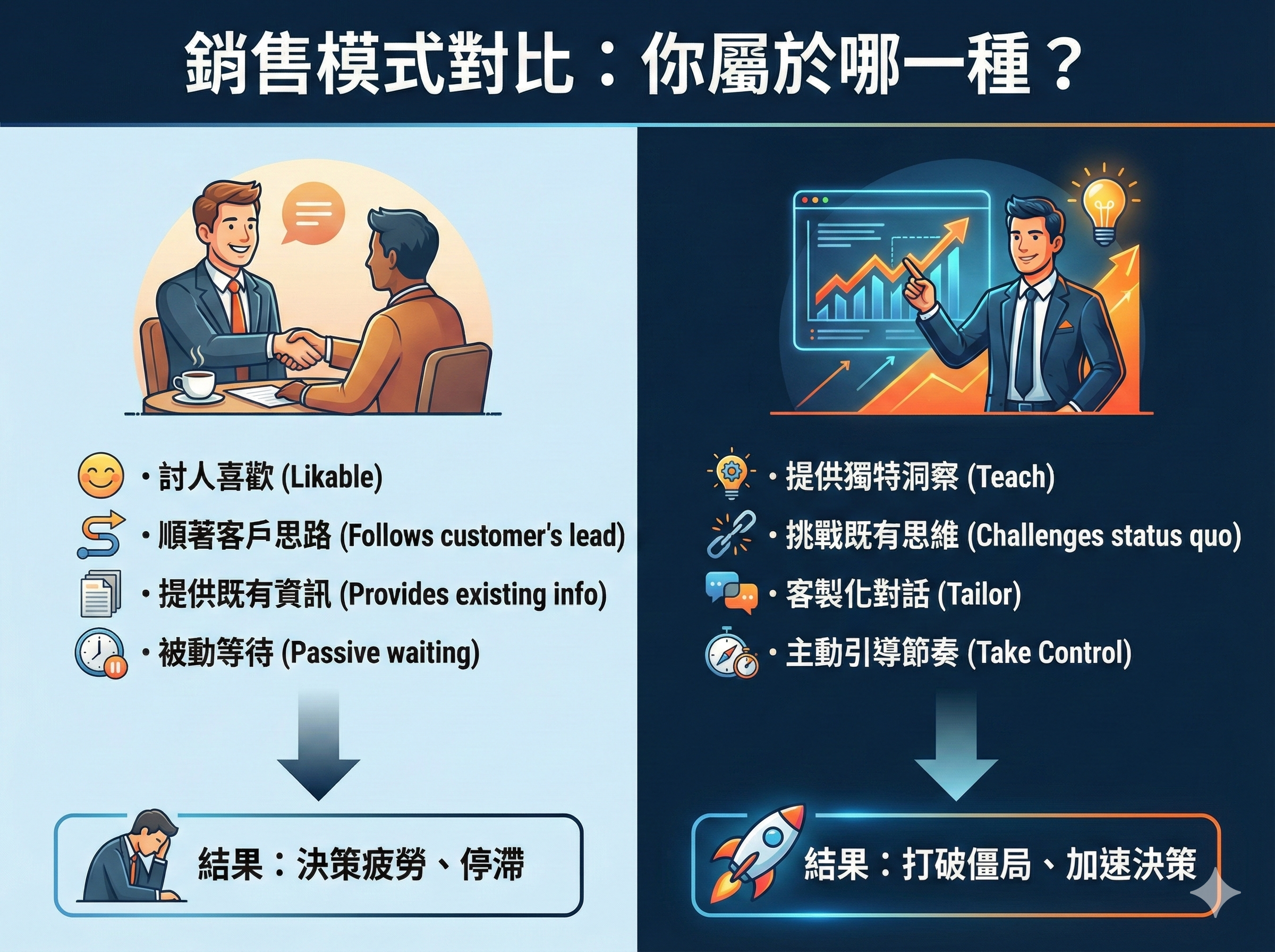 專業顧問運用數據與流程圖引導客戶決策，展現挑戰者銷售法中掌控局面（Take Control）的專業形象。