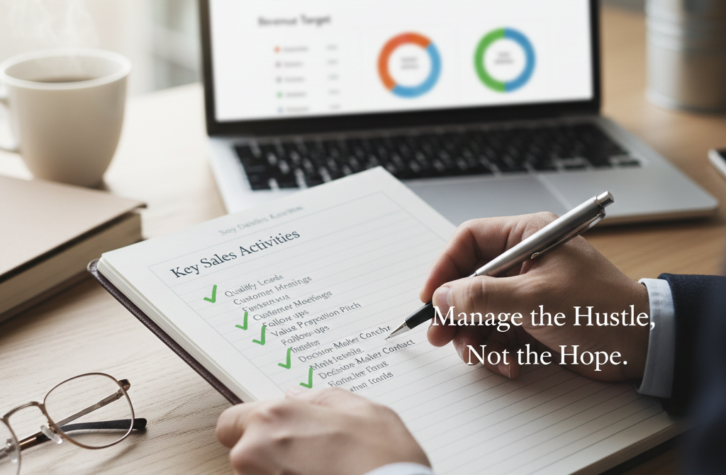 專業亞洲男性顧問正在辦公桌前審視銷售指標流程圖，展現出 B2B 銷售管理中從落後指標（業績結果）轉向領先指標（關鍵行為）的思考場景。